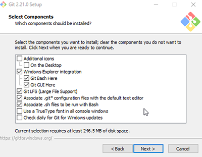 git installation window asking which components should be installed